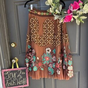 Embroidered and Beaded Floral Brown Skirt